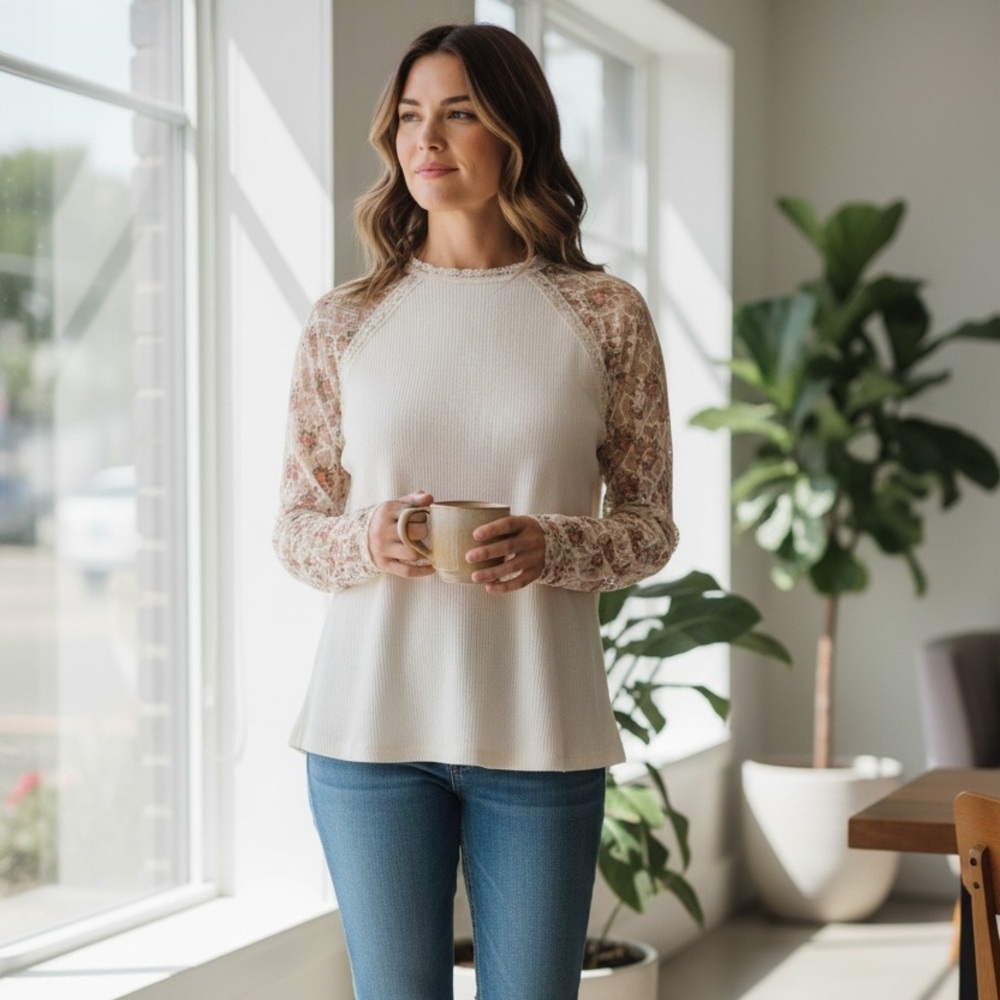 SHEIN Ivory Top with Floral Lace Sleeves - Picture 1 of 8